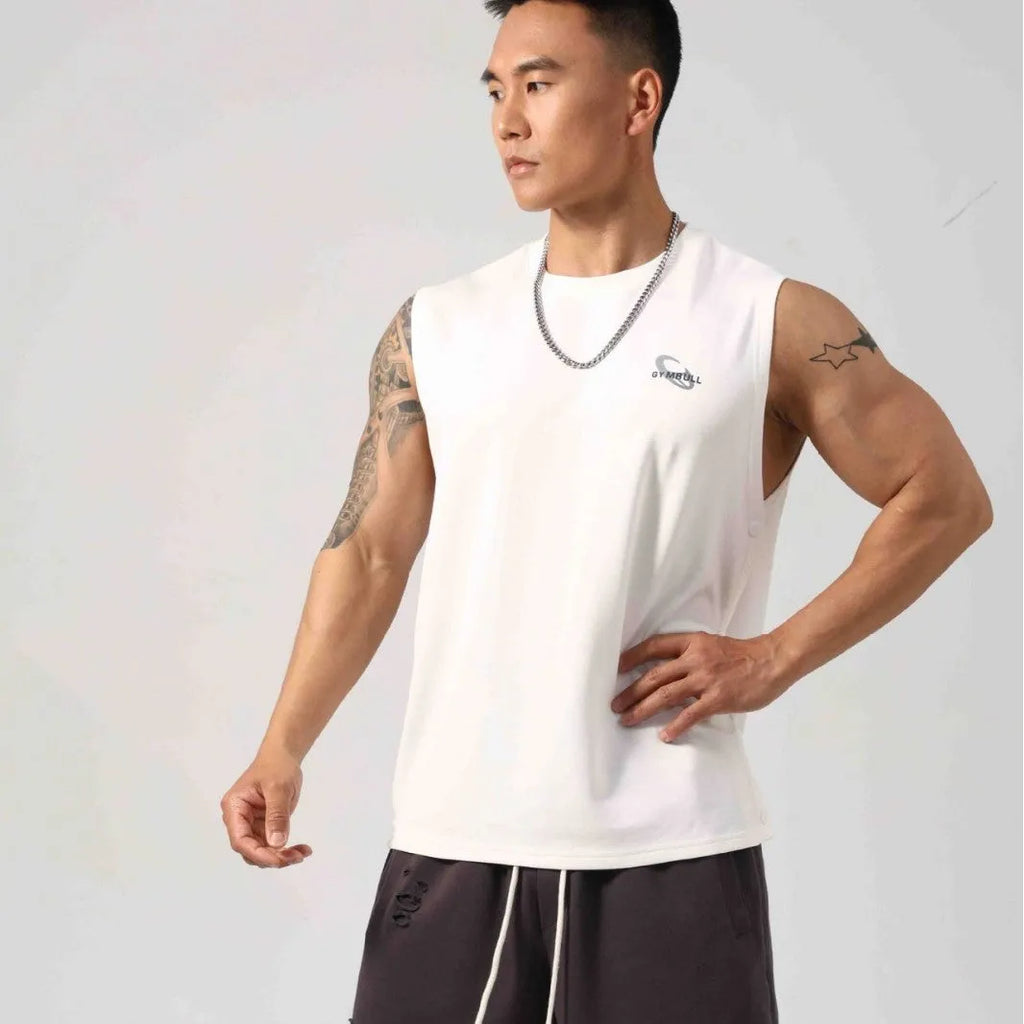 Korean style loose cotton fitness vest for men with hidden hook side openings.