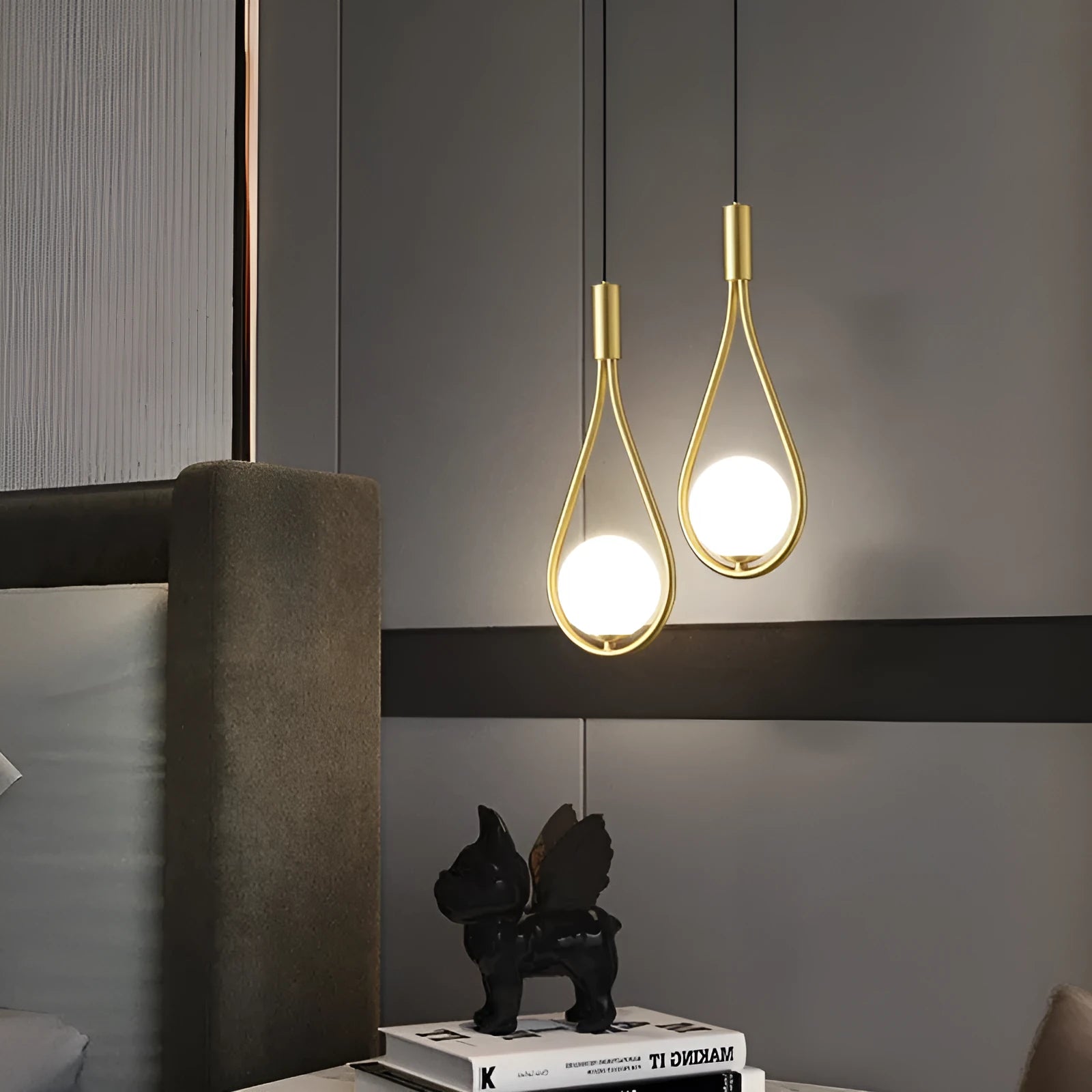 Copper modern minimalist bedroom bedside chandelier with selectable light covers including copper milky white, honeycomb, and black gold options