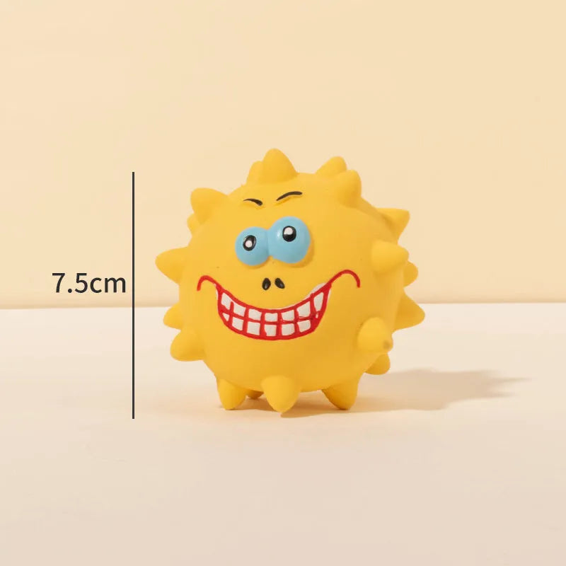 Four coloured squeaky dog balls with cute faces, made from natural latex rubber for safe chewing