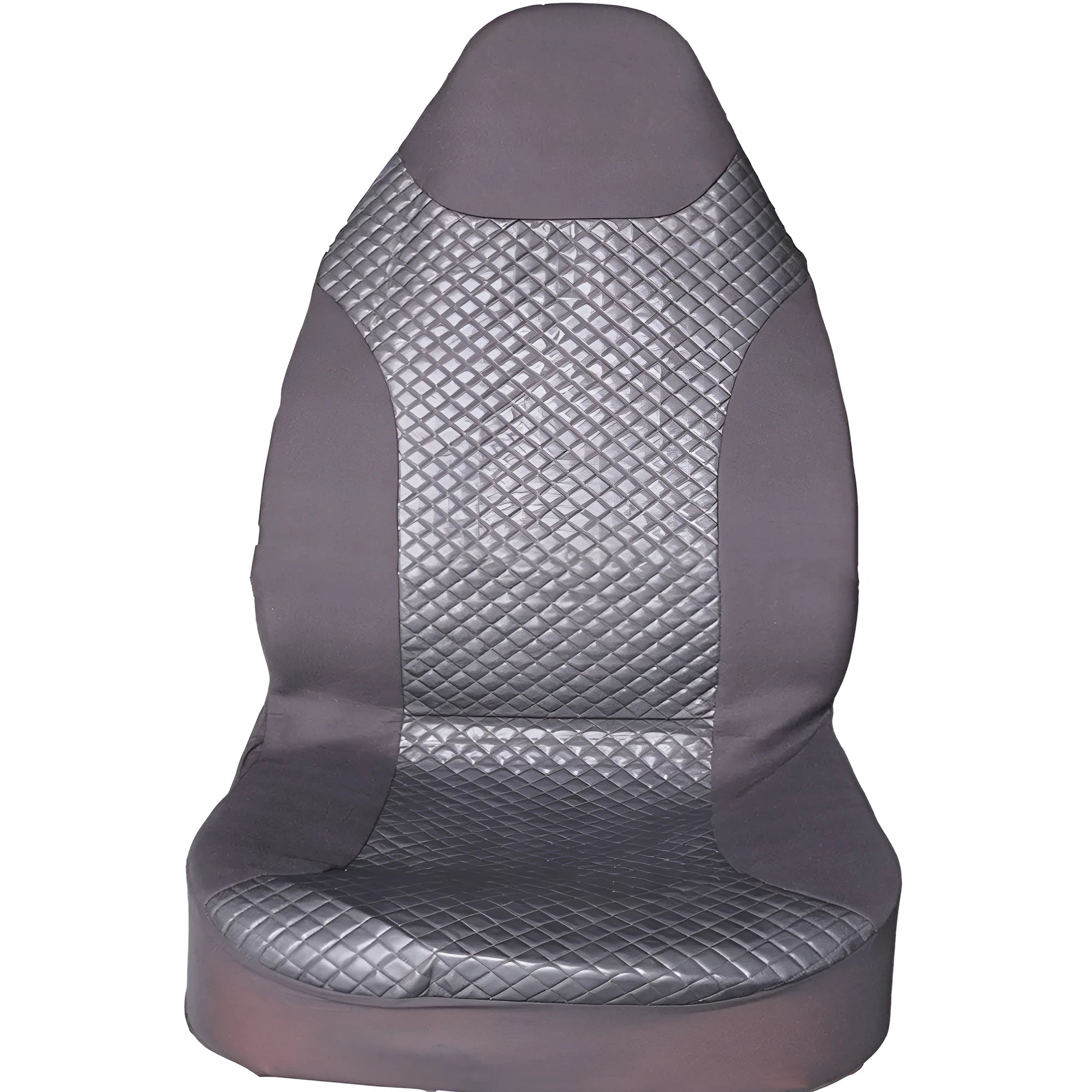 Black quilted automotive seat cover with PU and polyester construction showing plastic hooks