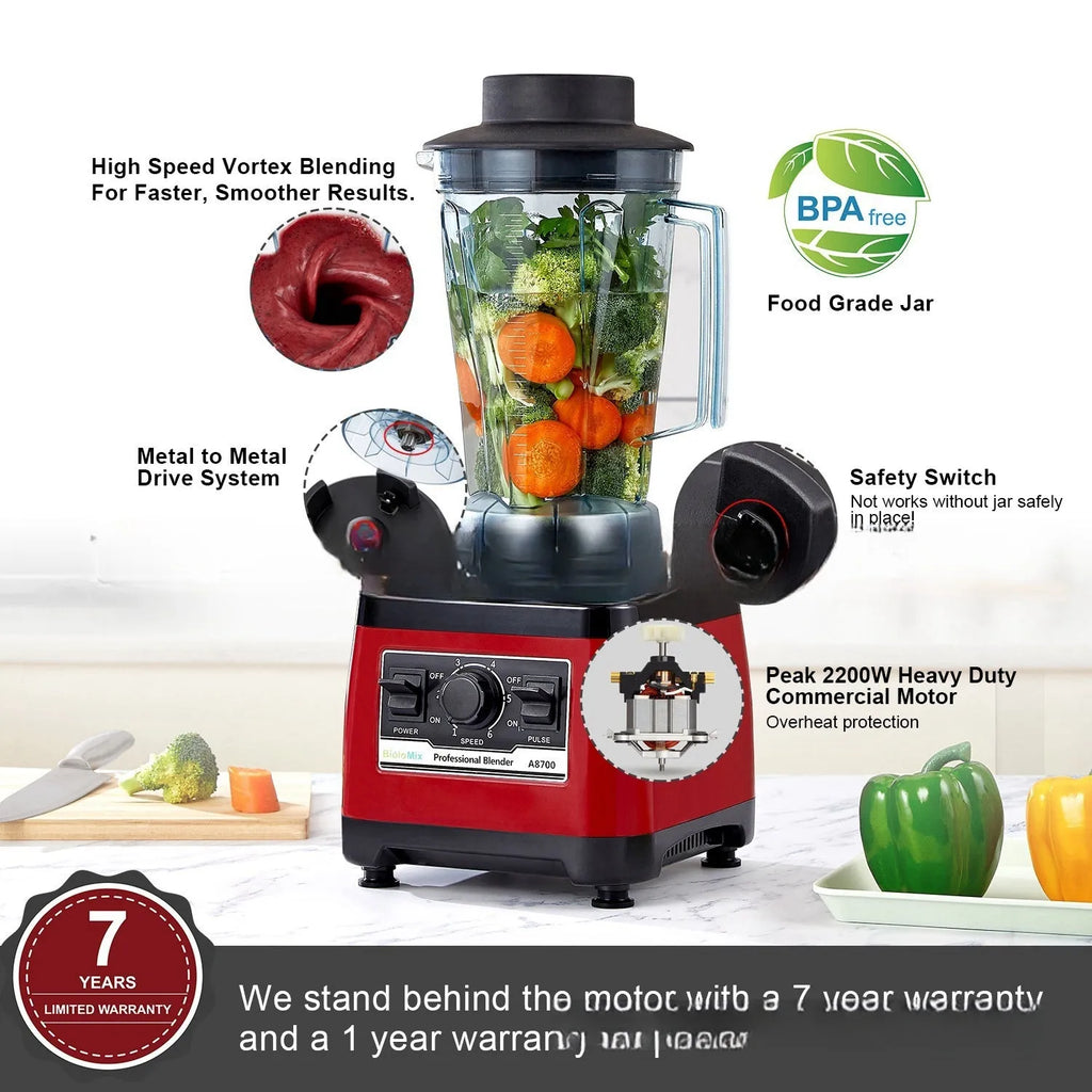 Red industrial-style commercial blender with 2200W motor and 2-litre jug.