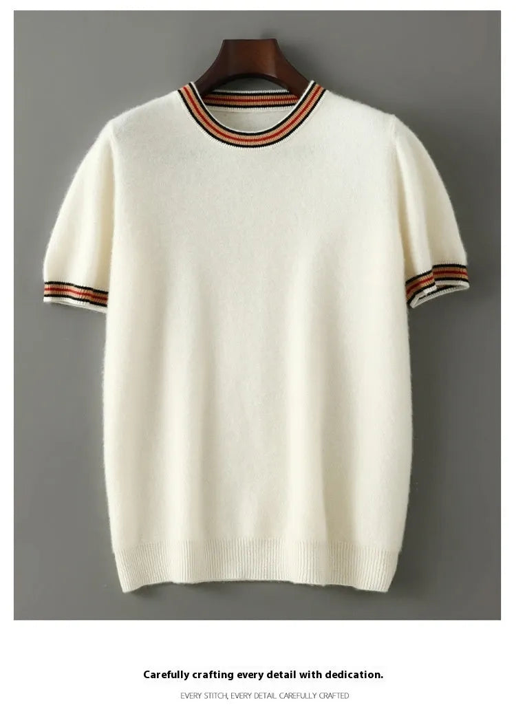 Men's pure wool short sleeve sweater in grey showing round neck and pullover design