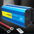 Blue car power inverter with digital display and UK sockets