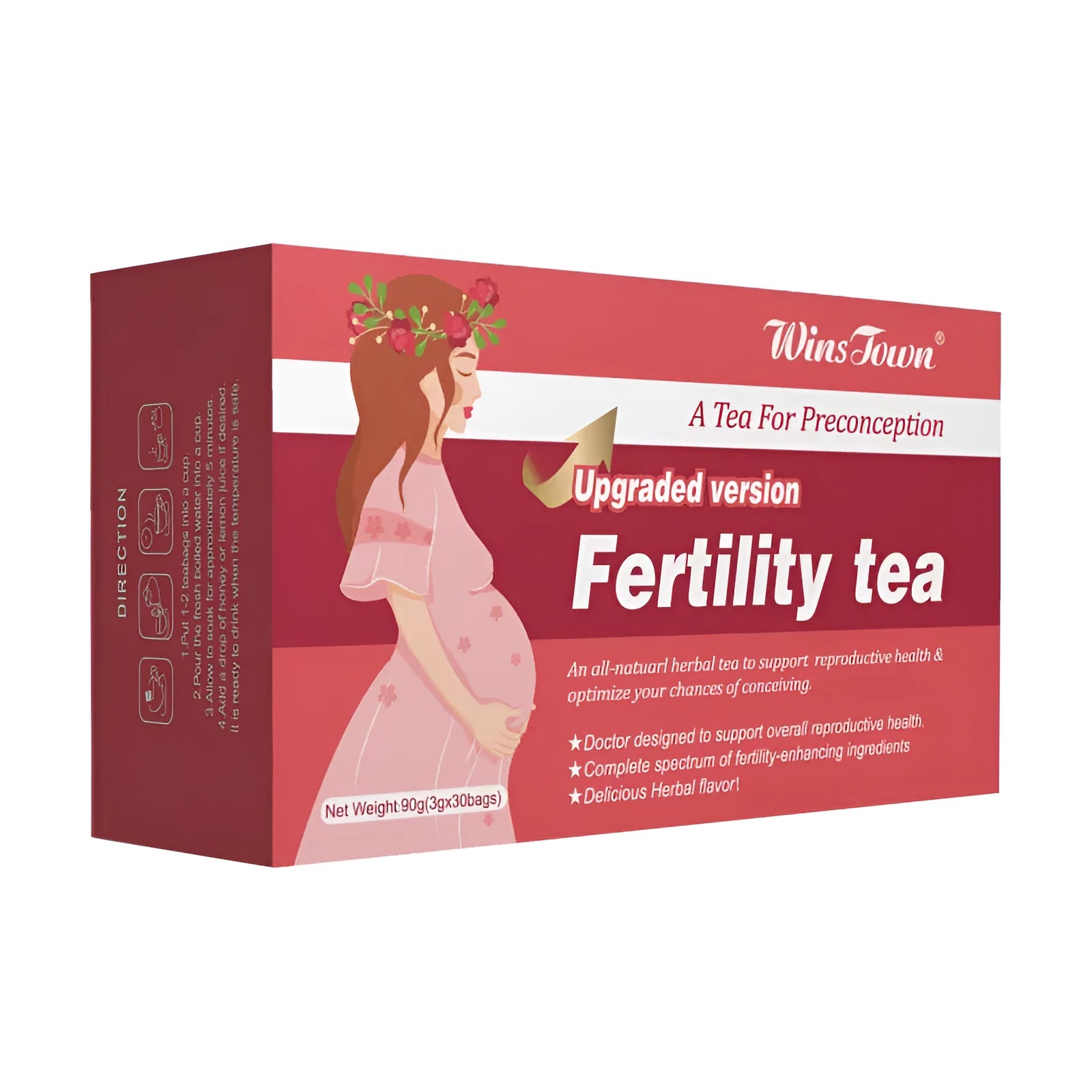 Fertility tea box containing 3 packs of 30 herbal tea bags for reproductive wellness support