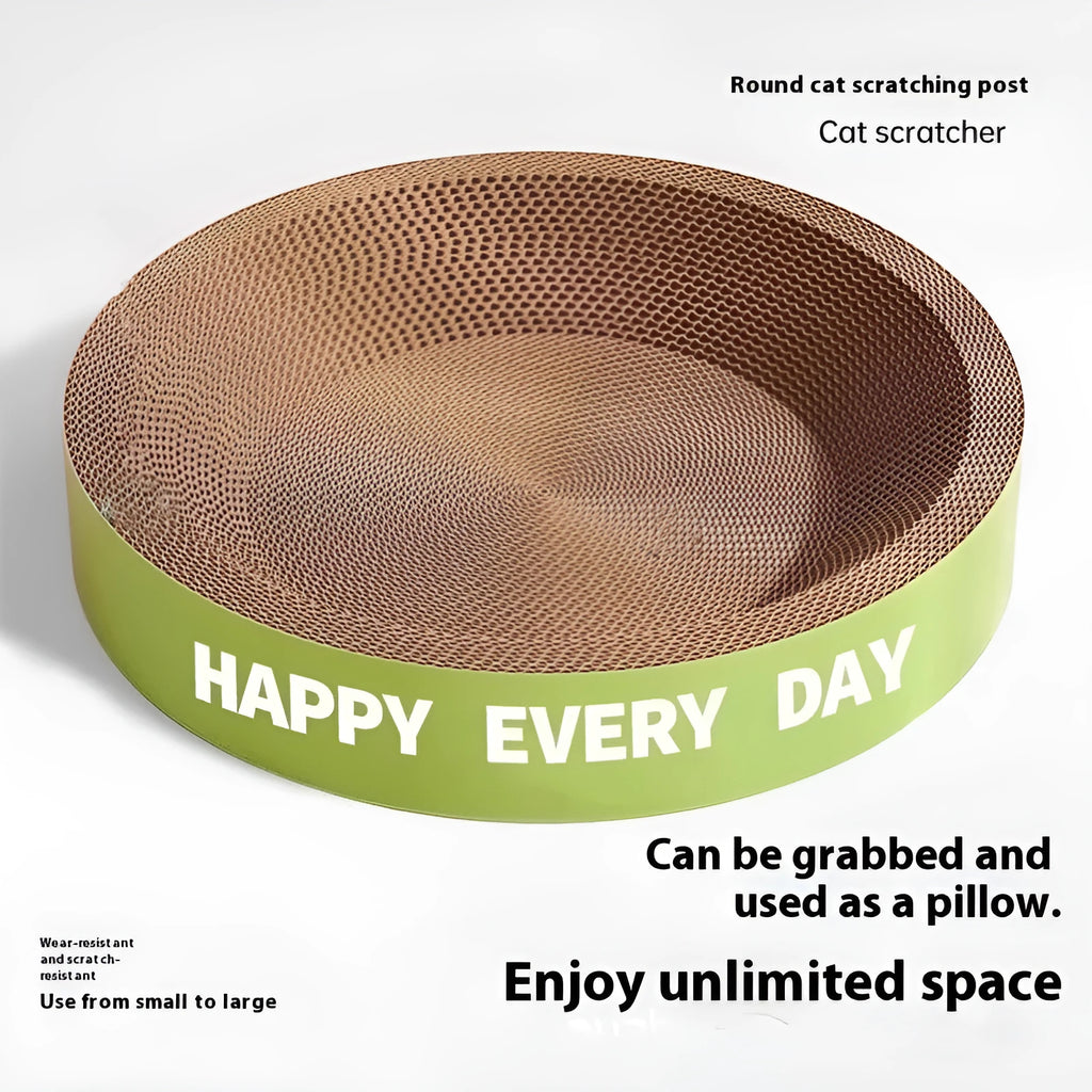 Green round cat nest with integrated sisal scratching surface, shown flat and assembled.