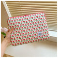 Flower print cloth laptop bag in green floral pattern showing three size options for laptop protection