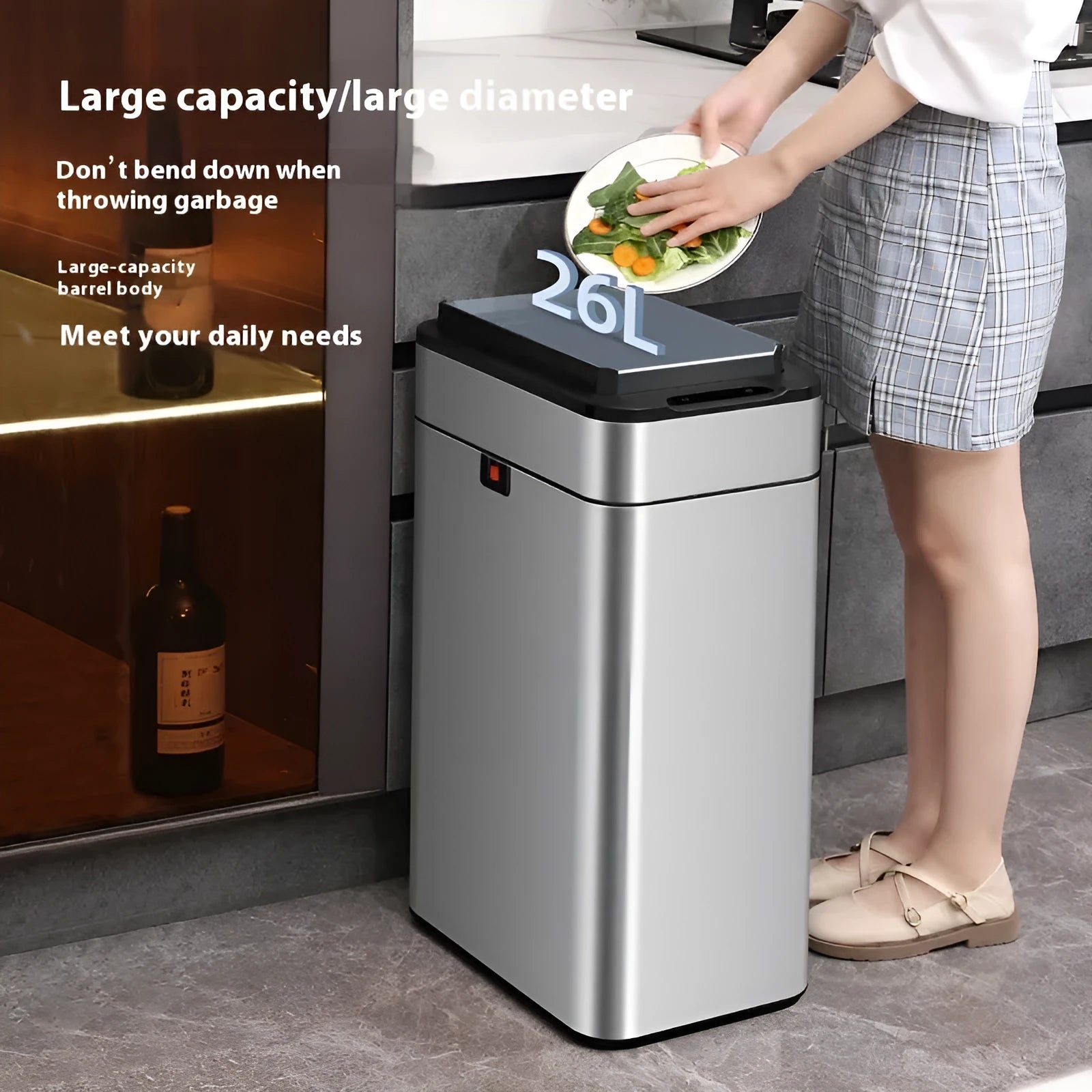 Stainless steel smart inductive trash can with square shape and deodorant system