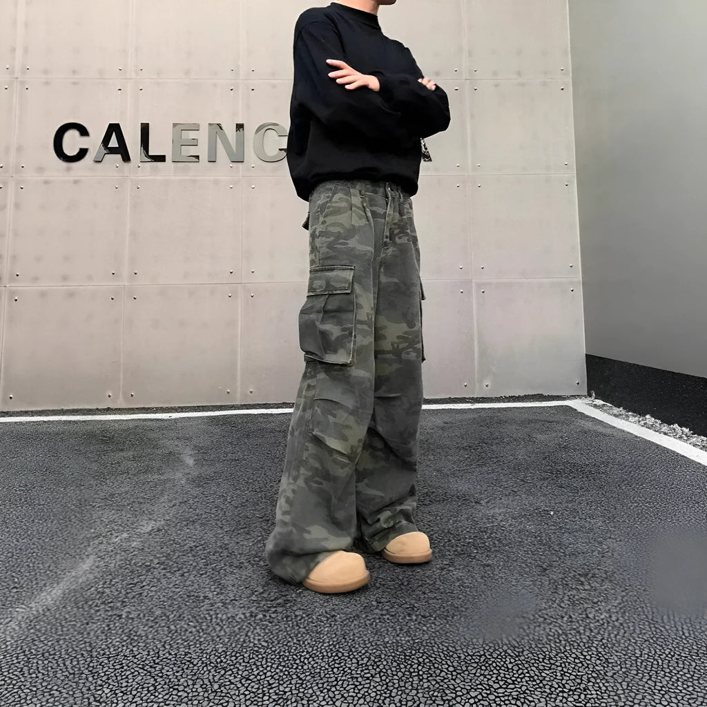 American vintage style washed camouflage cargo pants with multiple pockets on a mid-waist, full-length silhouette.
