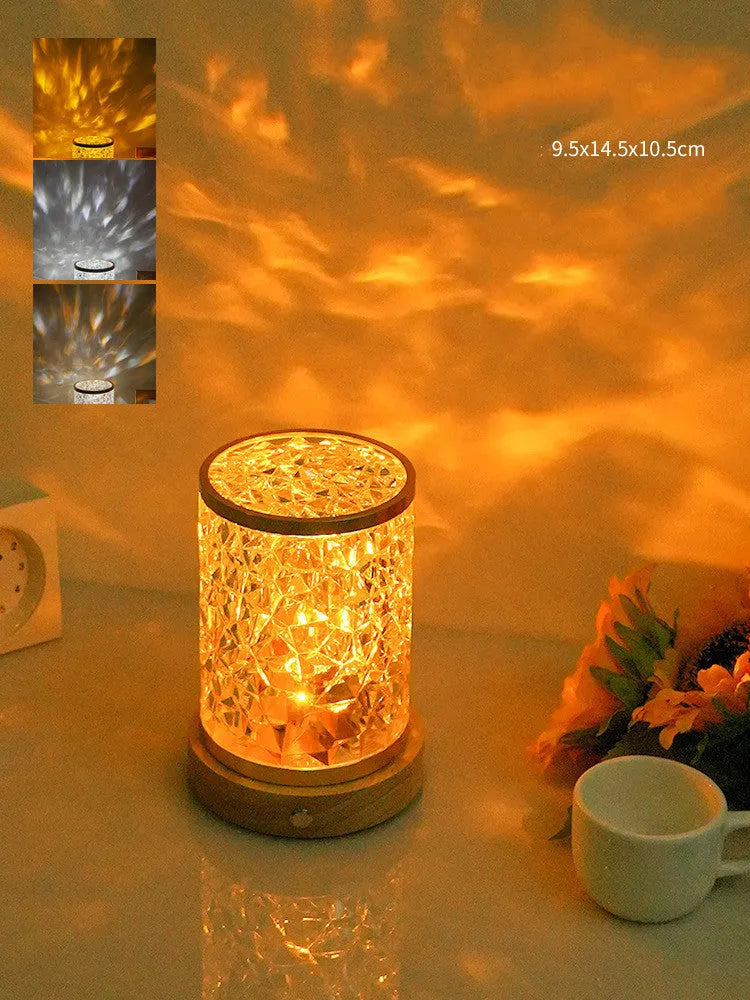 Small rotating water ripple night light with acrylic shade on solid wood base
