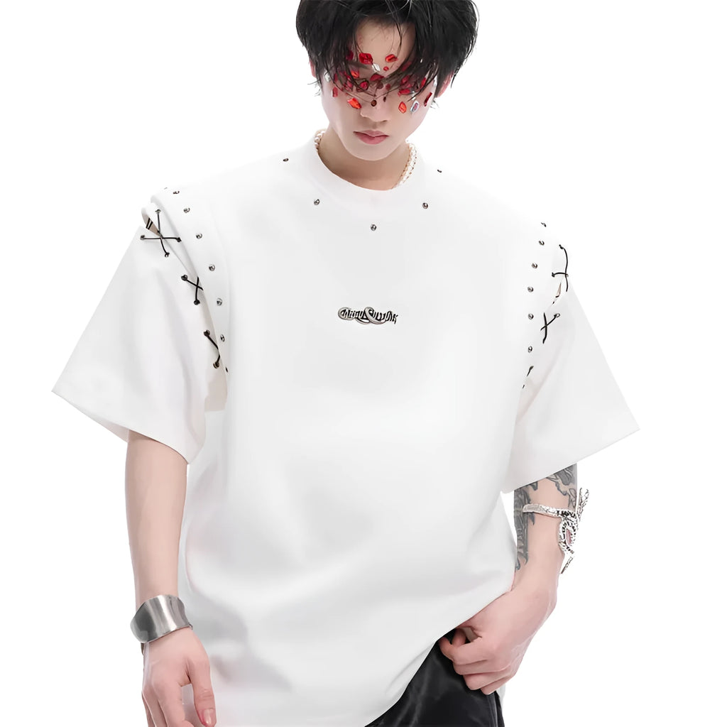 Women's black short sleeve T-shirt with lace-up detail across the upper back