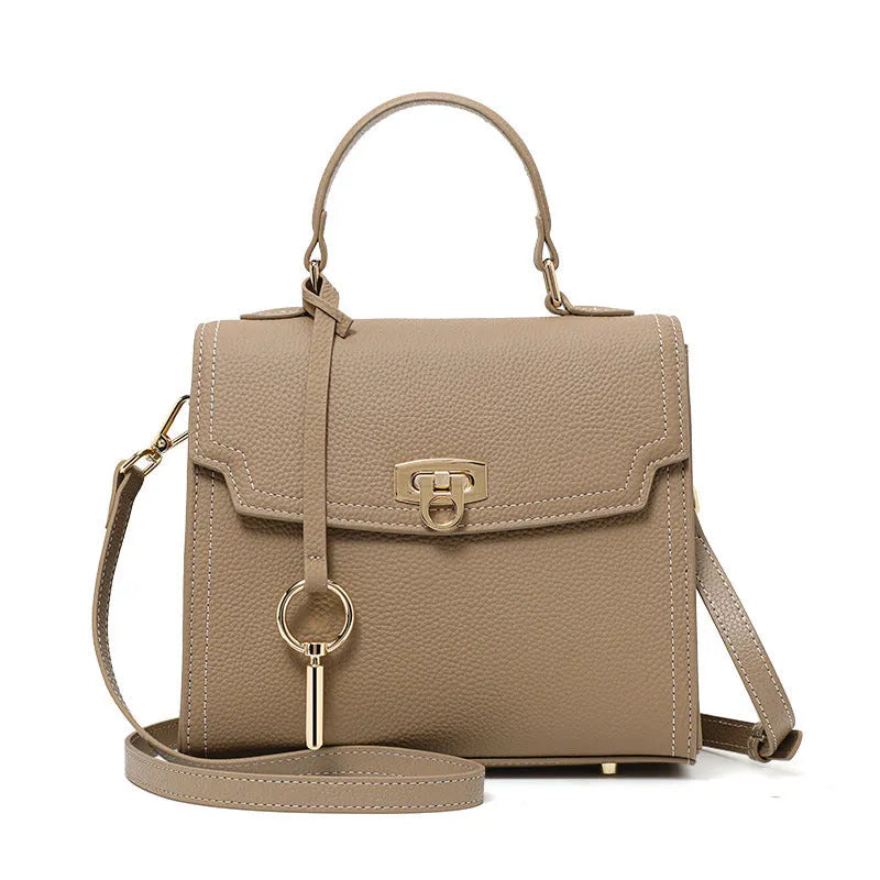 Elephant grey vintage leather handbag with litchi pattern lock and double shoulder straps