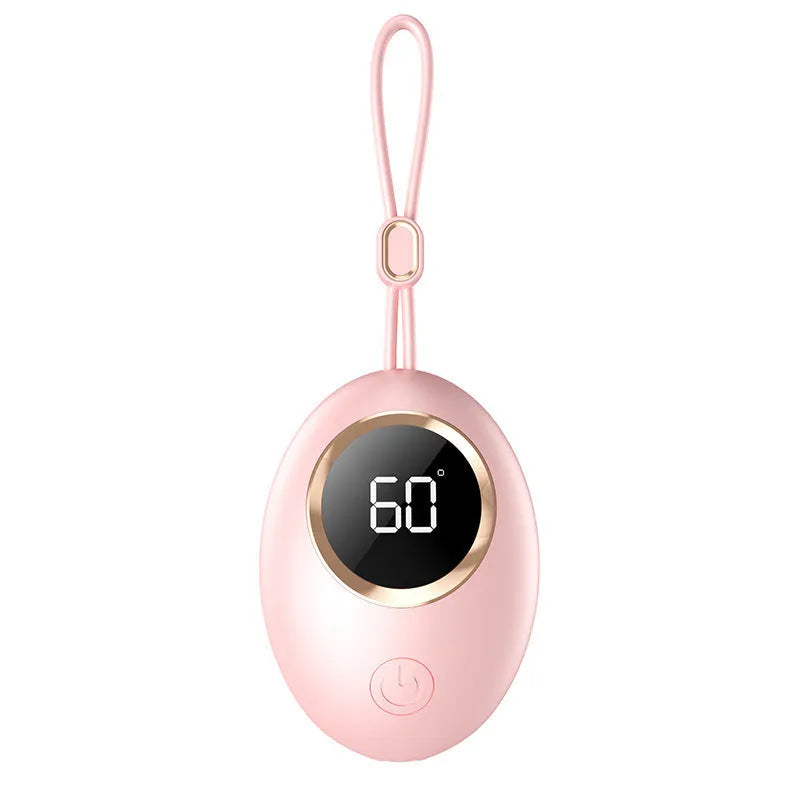 USB-powered hand warmer with digital display in six colour options including blue, green, pink and white finishes