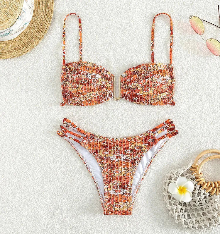 Women's high-waist floral bikini swimsuit in rose red with matching bra and briefs.