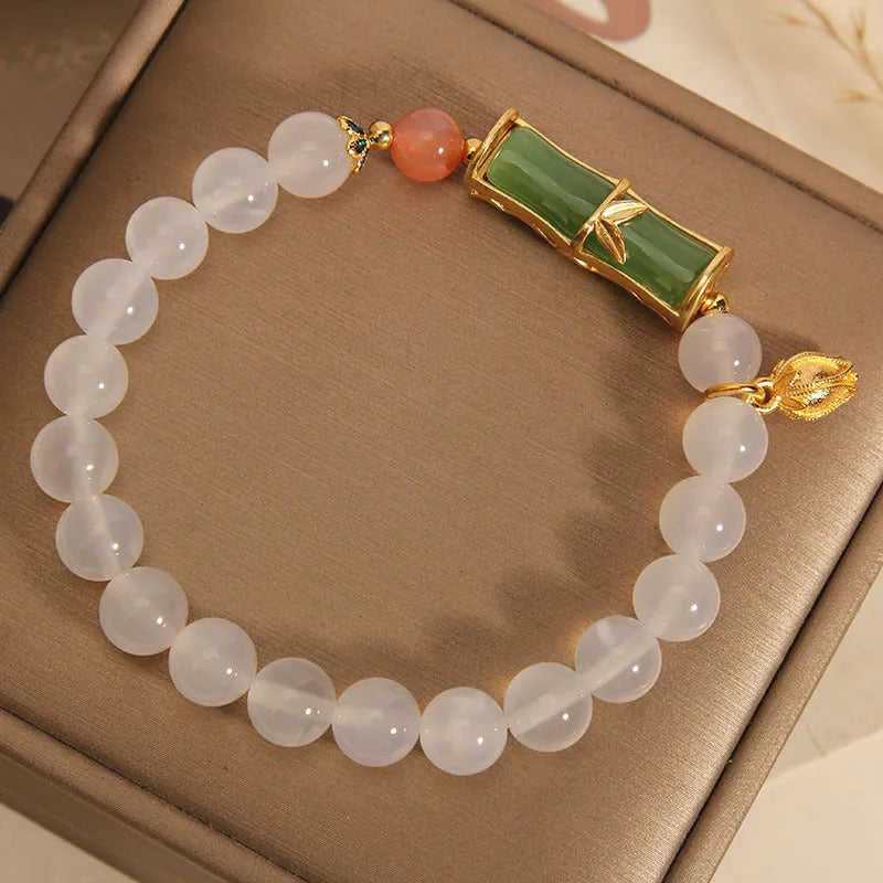 Chinese bamboo beaded bracelet with white agate jasper and jade beads for women