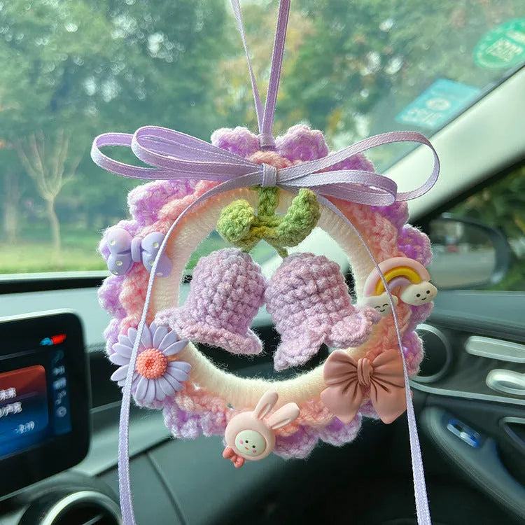 Handmade woven wool bell orchid car pendant in multiple colour options