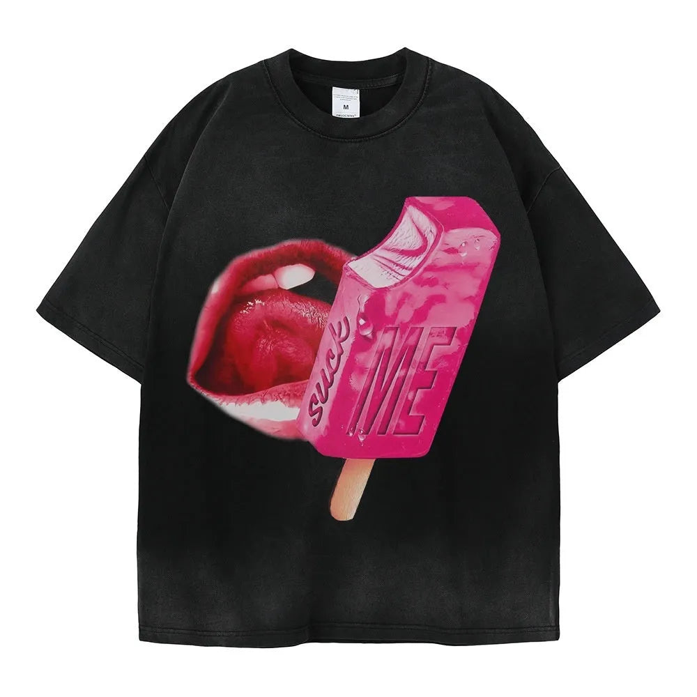 Loose fit heavy washed cotton t-shirt with a cartoon print on the front, shown in a selected colour.