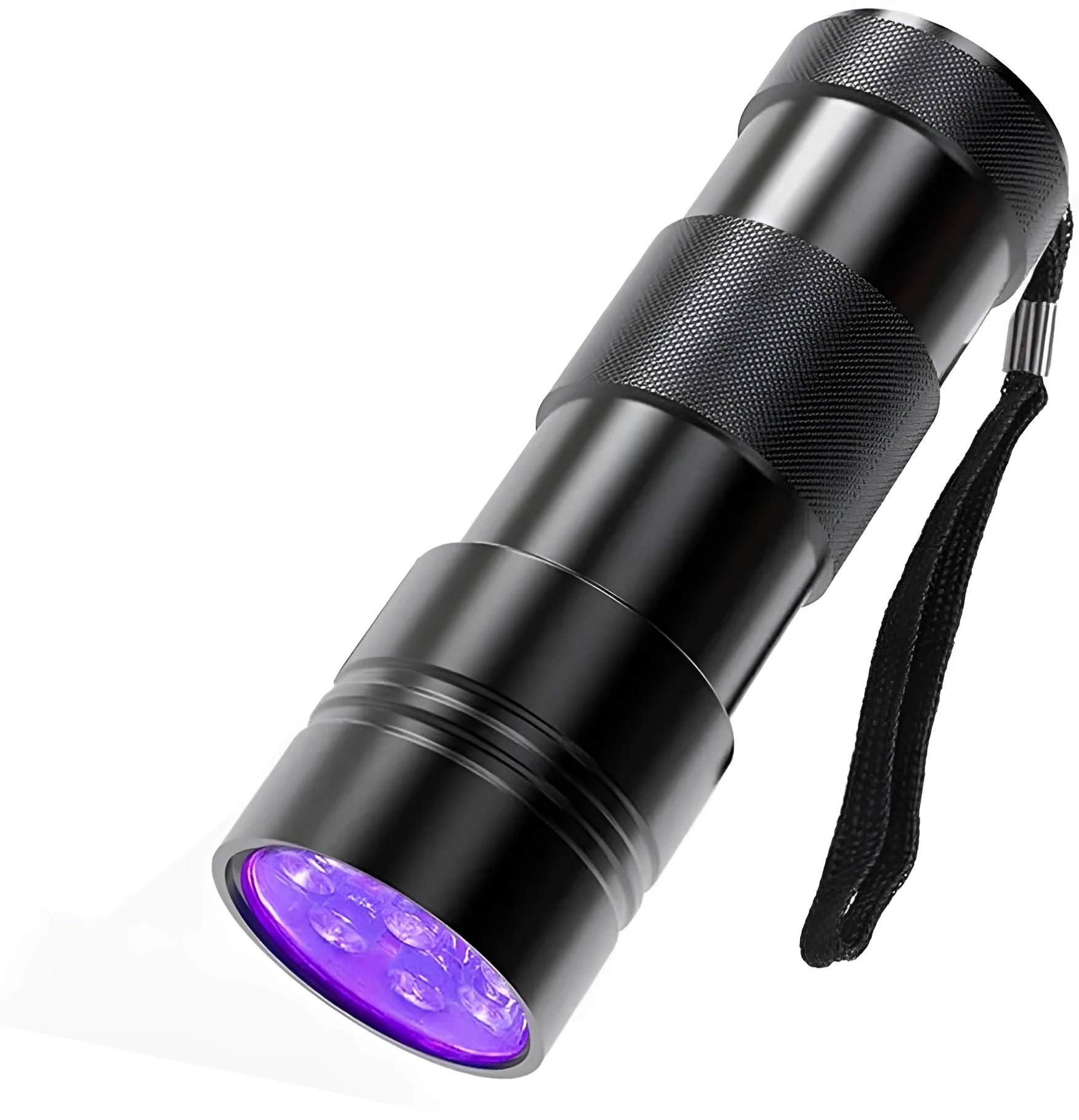 Black handheld UV flashlight torch with aluminium body for detecting pet urine stains and insects.