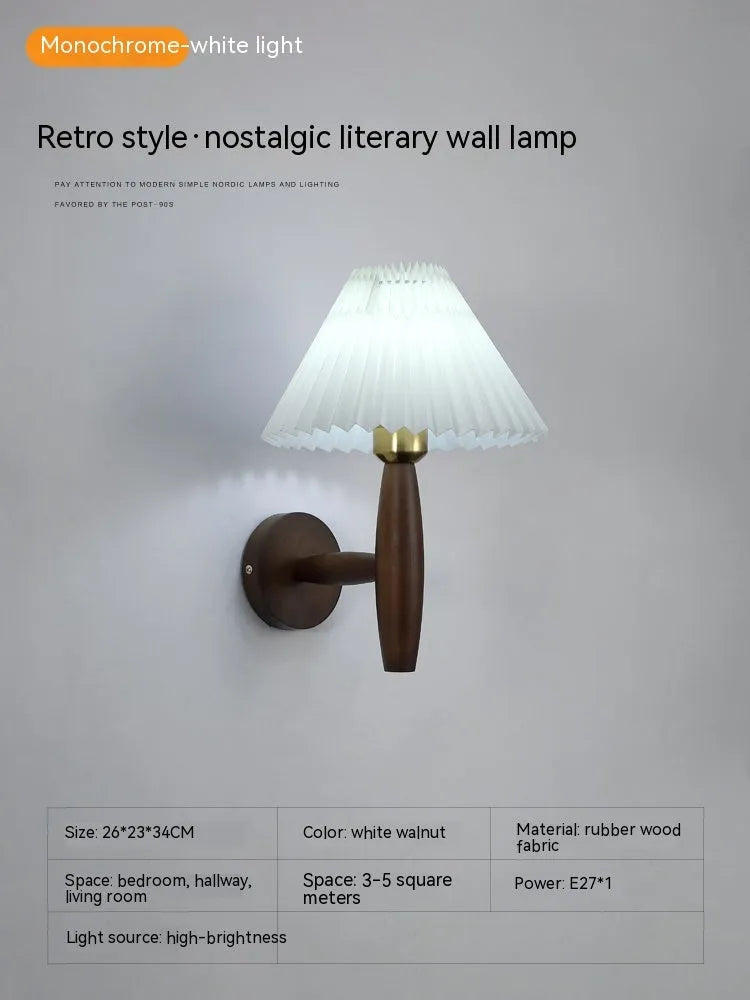 American retro wall lamp with rubber wood frame and fabric elements in walnut finish