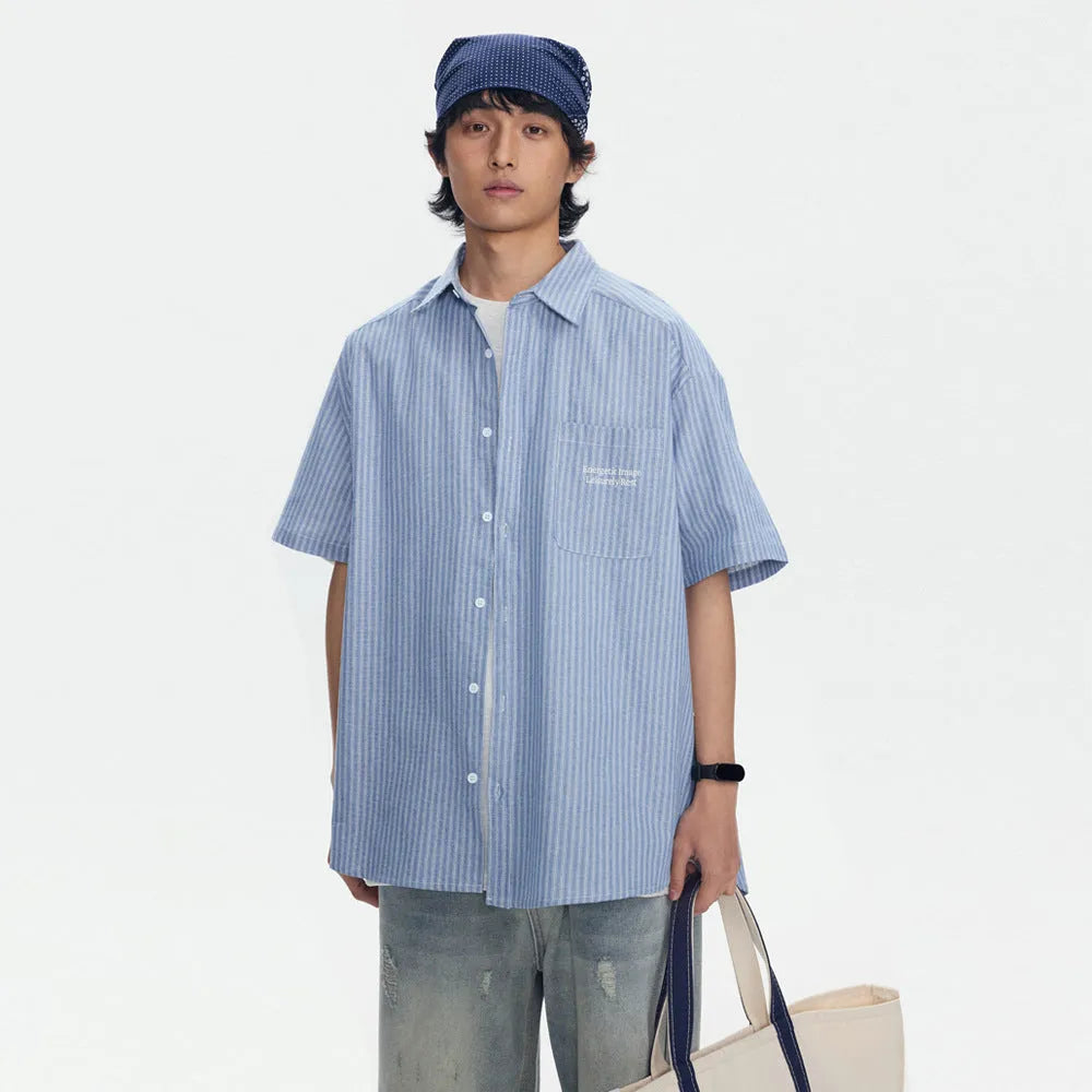 Blue striped short-sleeved cardigan-style shirt with loose fit and cotton blend fabric