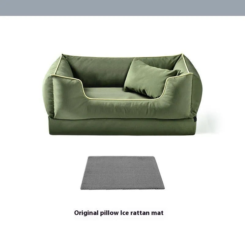 Waterproof dog kennel bed with removable washable cover in dark green, auburnumber, or rock ash colour.