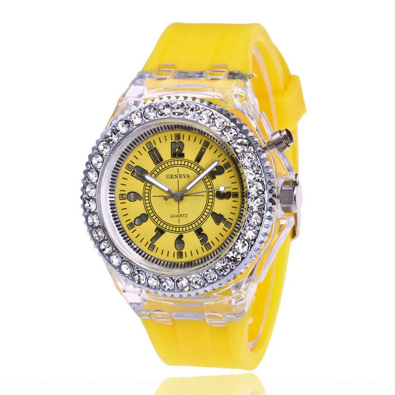 Women's LED luminous quartz watch with round 43mm dial on a silicone strap