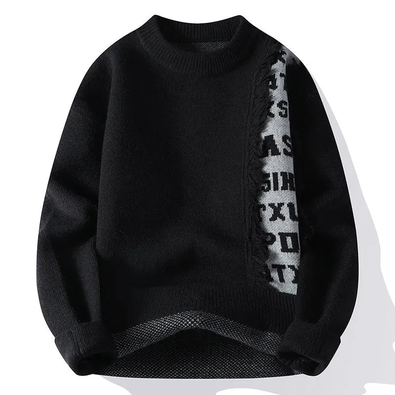 Men's loose knitted pullover with ribbed hem in polyester and rabbit fur blend fabric