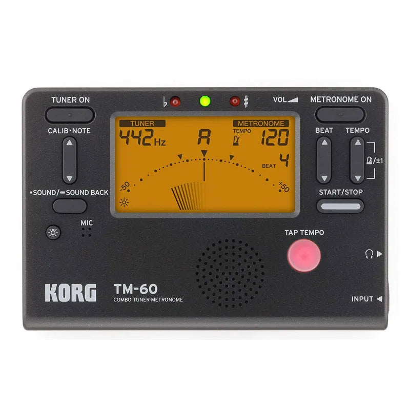 TM-60 black electronic metronome with display and controls for tempo and rhythm selection.