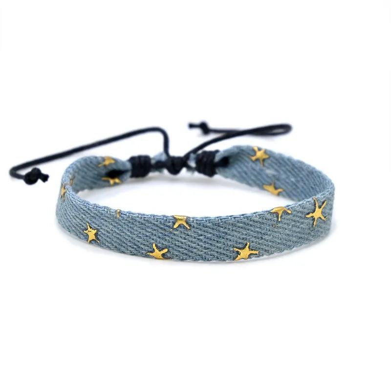 National style denim fabric bracelet carrying strap with mixed material construction for unisex travel and memorial use