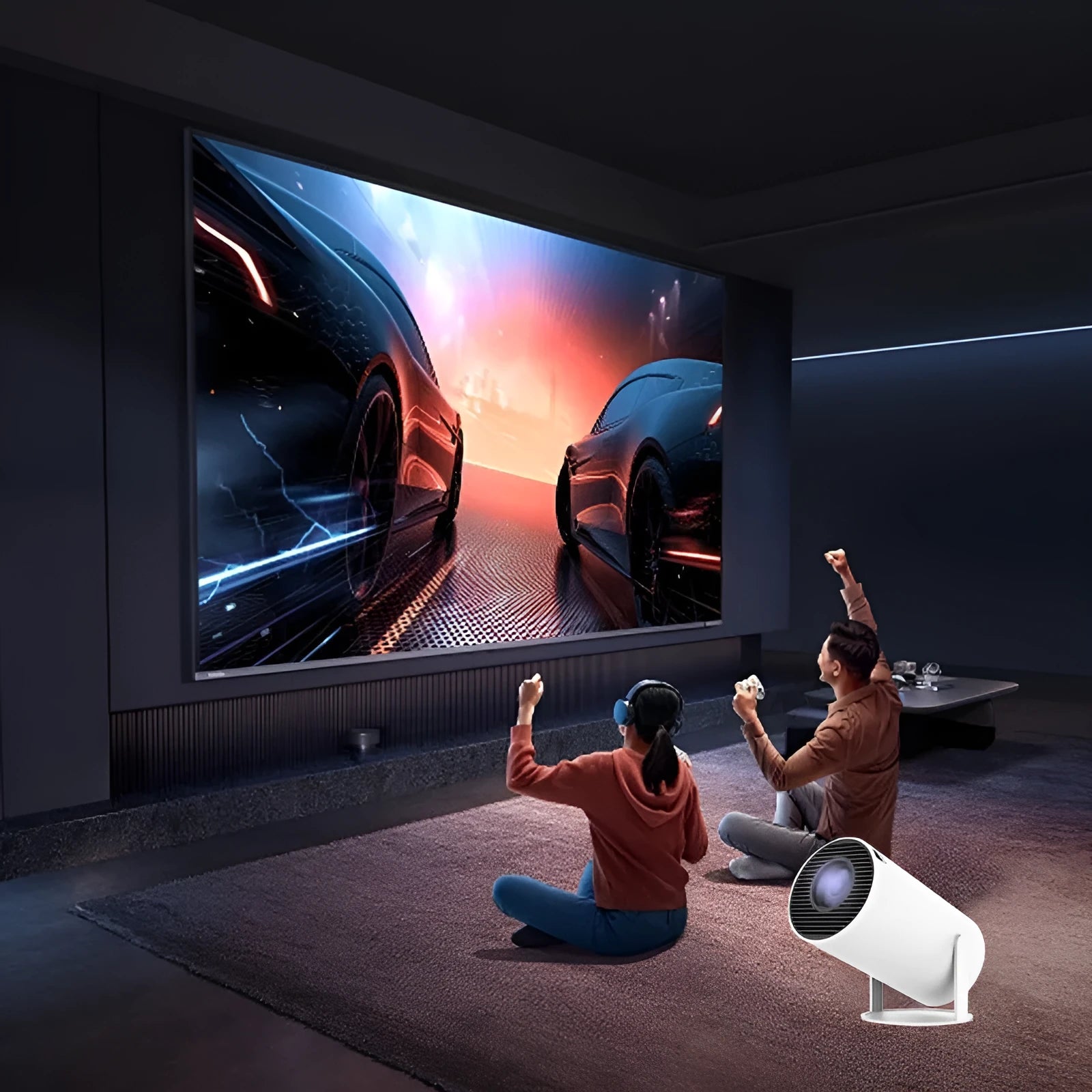 White X10 PLUS portable smart wall projection game machine with remote control and gamepad on dark surface