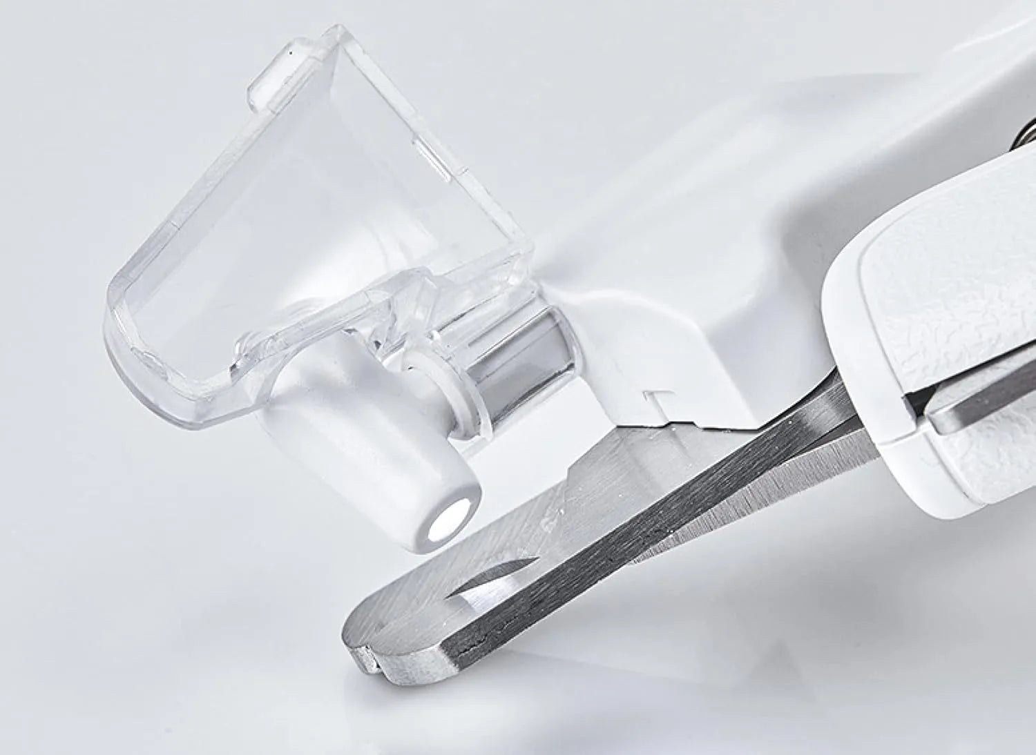 White pet nail clippers with LED light, transparent anti-splash baffle, and triangular steel blades for cats and dogs