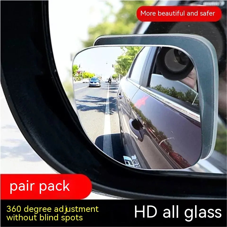 White glass car blind spot mirror with 360-degree adjustable mount and fan shape