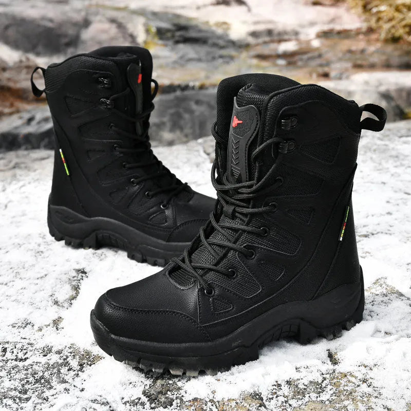 Cowhide leather hi-top hiking shoes in beige, black, and brown colours with platform soles