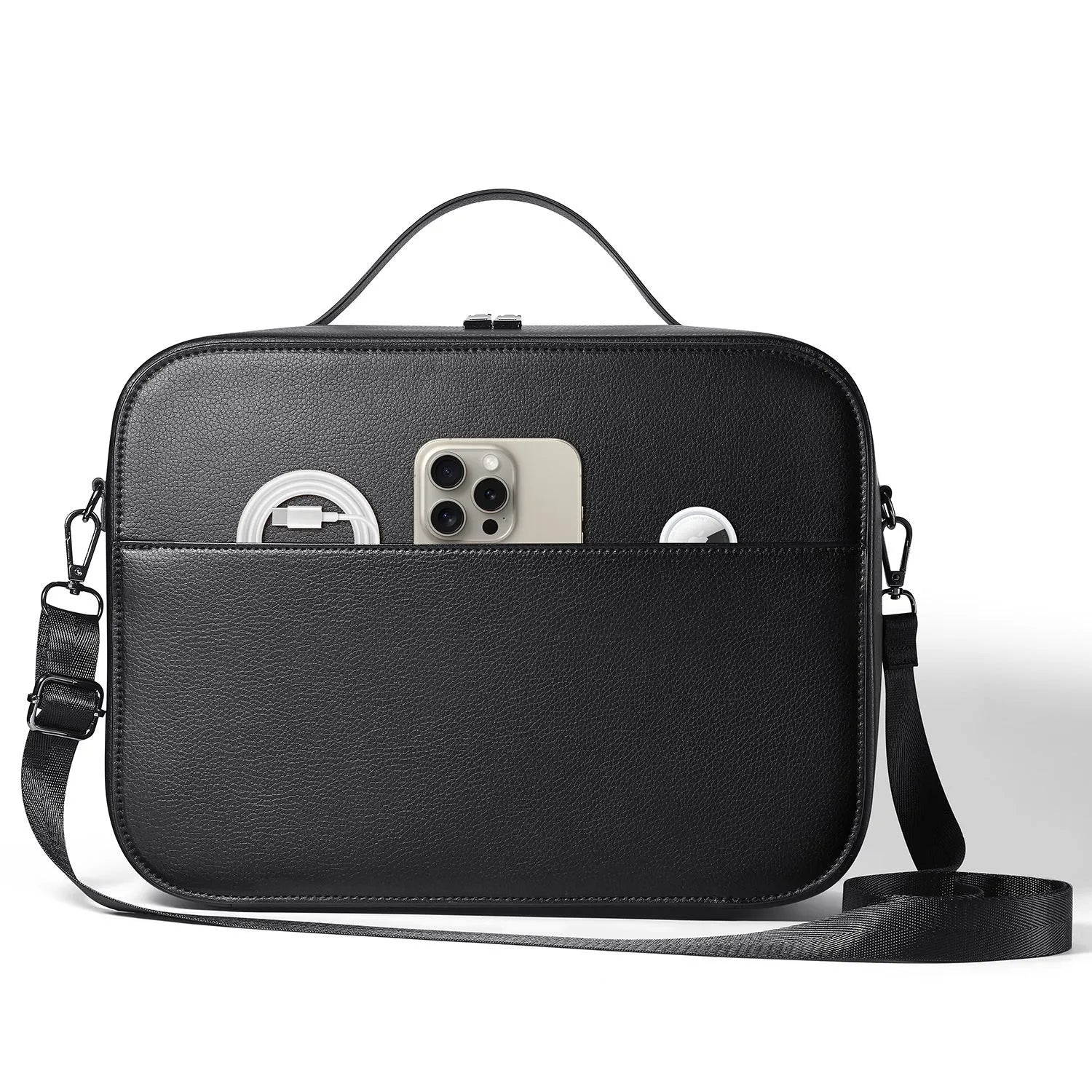Black superfiber MR glasses storage box for Apple Vision Pro, shown with included storage bag.