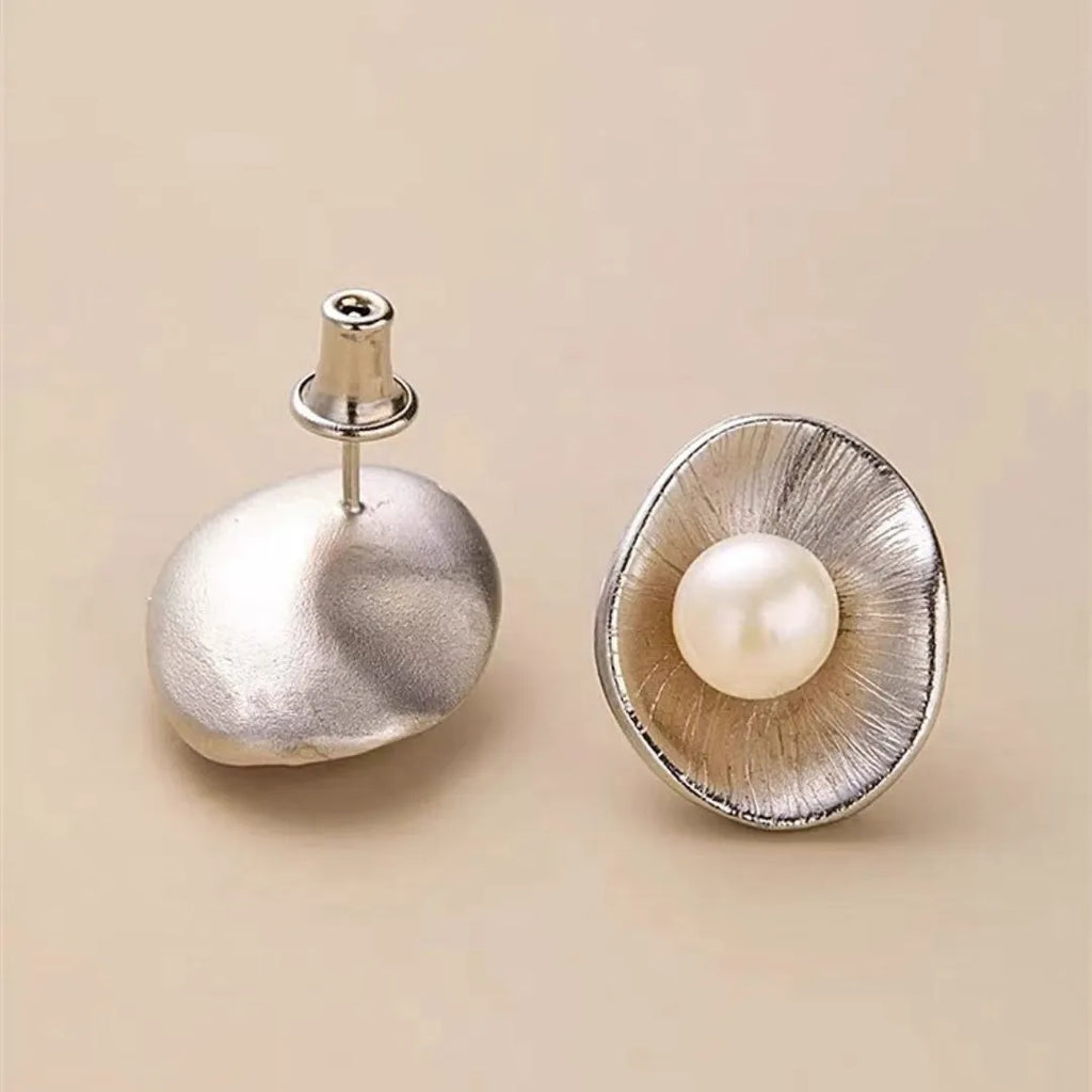 Gold plated pearl sterling silver geometric needle ear studs for women