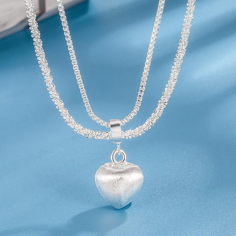 Double layer brushed heart pendant necklace for women, copper with electroplating, water wave chain