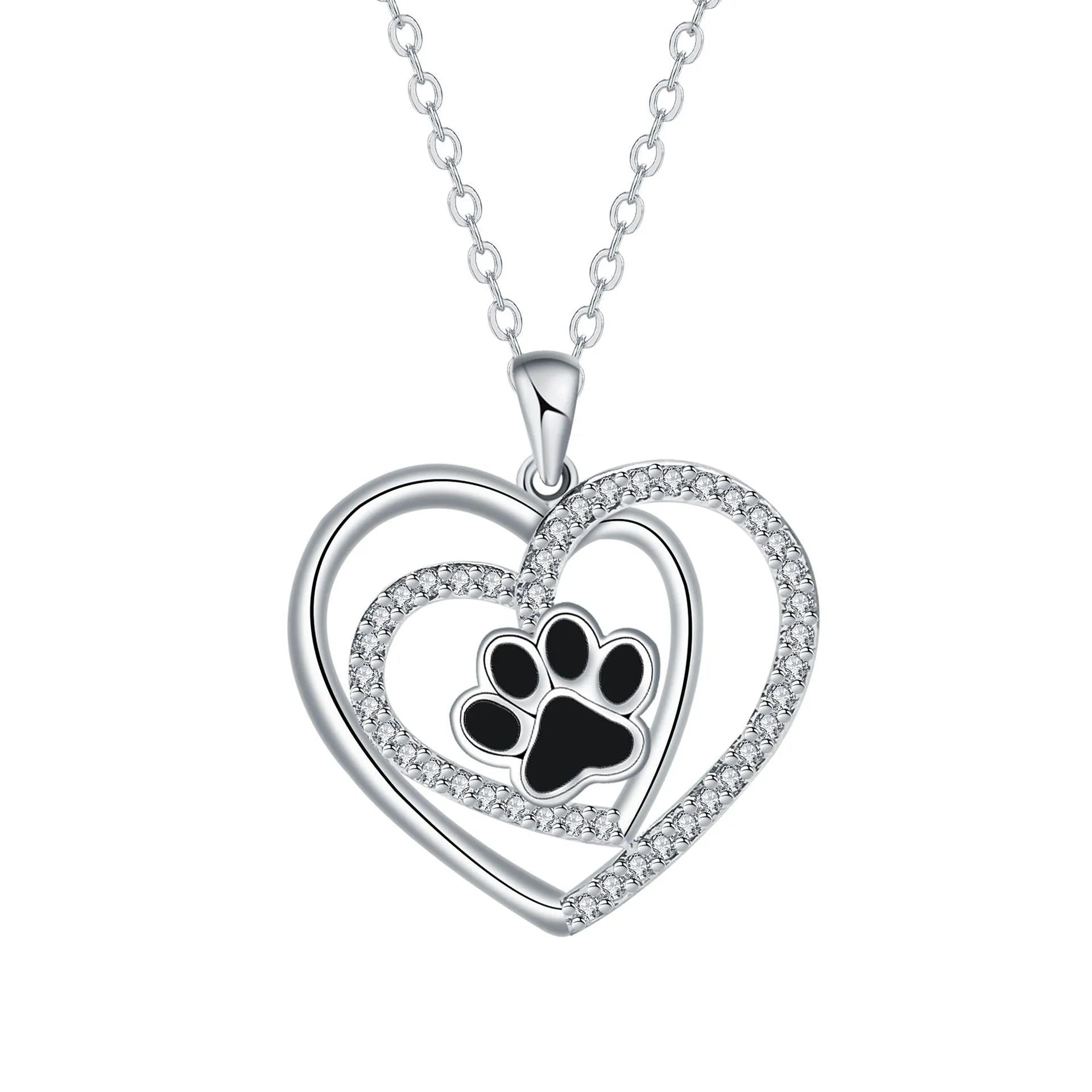 Women's copper necklace with dog paw print pendant and heart charm on cross chain