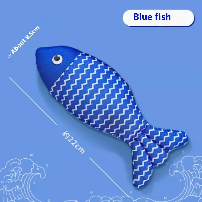 Catnip fish toy in blue, red, or yellow with measured dimensions for feline play