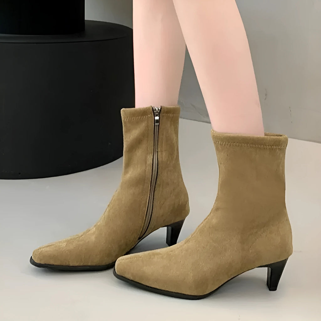 Brown square toe ankle boots with side zipper and kitten heel on waterproof platform