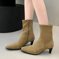 Brown square toe ankle boots with side zipper and kitten heel on waterproof platform