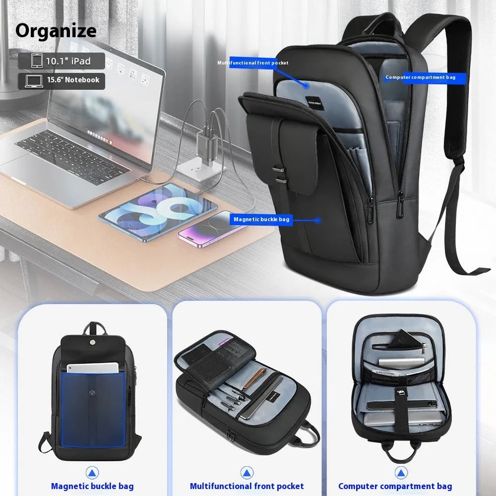 Black Oxford cloth backpack with urban simplicity styling for business commuting