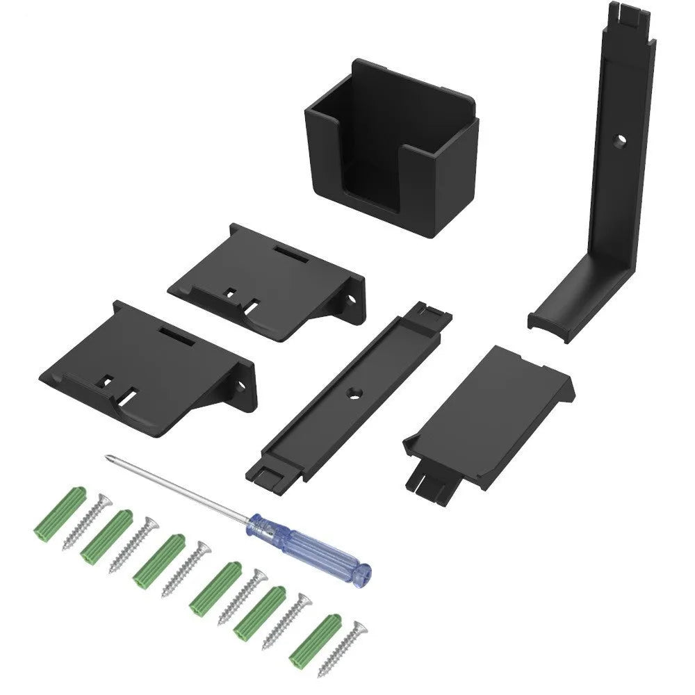 White ABS plastic wall-mounted hook holding a PlayStation game controller and headphones.