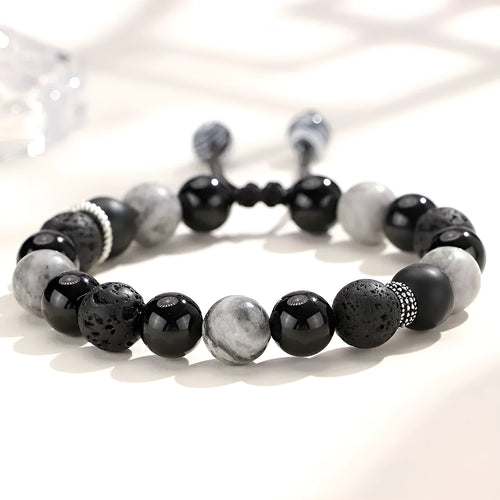 Black agate map stone volcanic rock bracelet with diamond beads in new Chinese style, shown in 10mm and 8mm widths.
