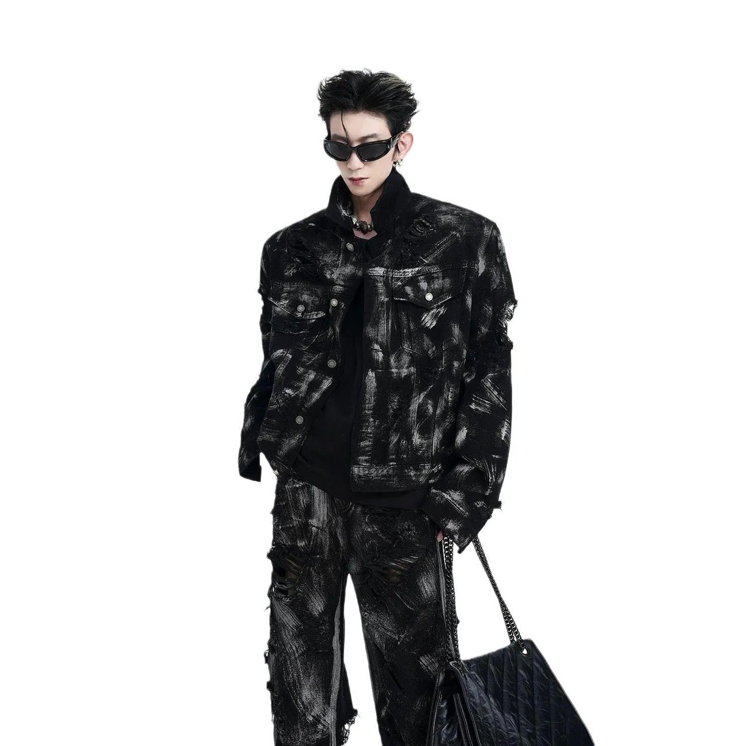 Men's denim jacket and pants set in American graffiti style with heavyweight washed fabric