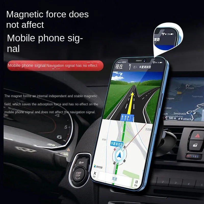 Black aluminium alloy magnetic car phone holder mounted to vehicle air vent