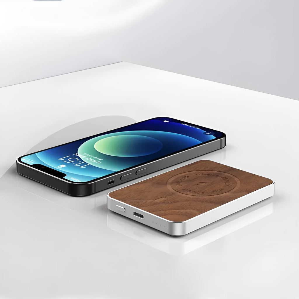 Khaki aluminium alloy magnetic wireless power bank with USB port