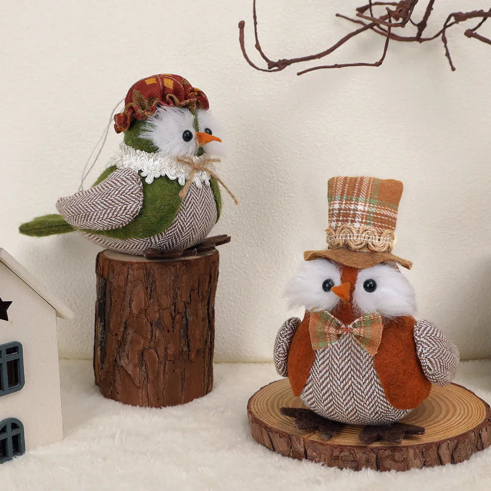 Thanksgiving owl bird ornament in orange or green polyester cloth as a window pendant.