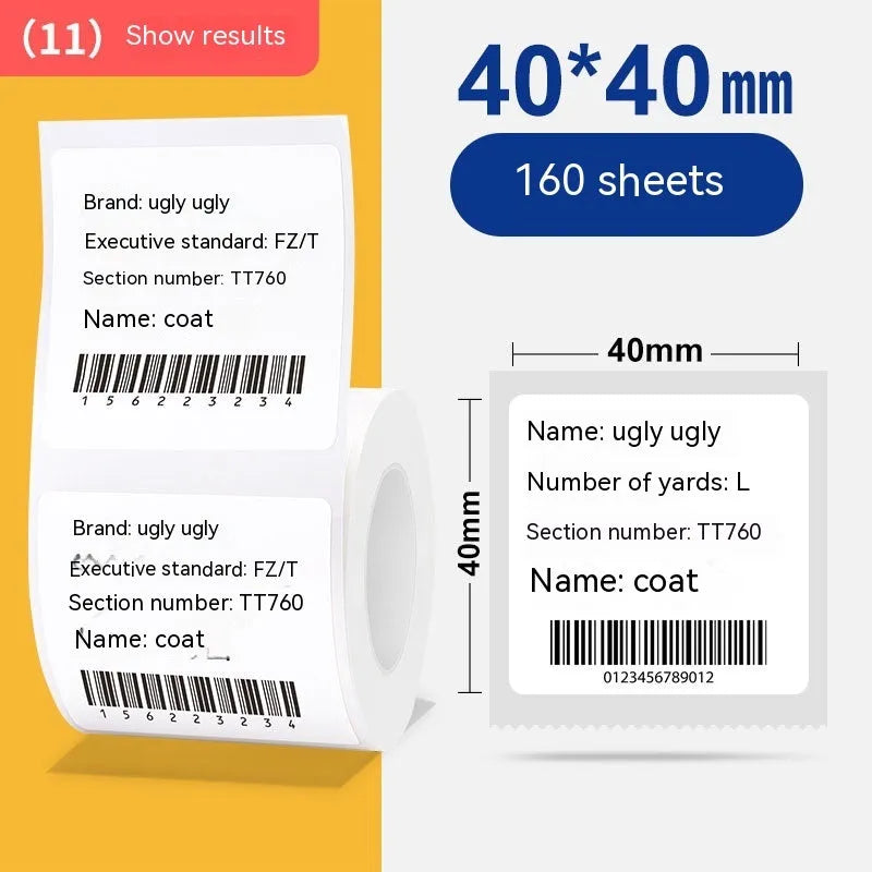 Roll of white bright film thermal paper labels measuring 40x40mm for price marking applications