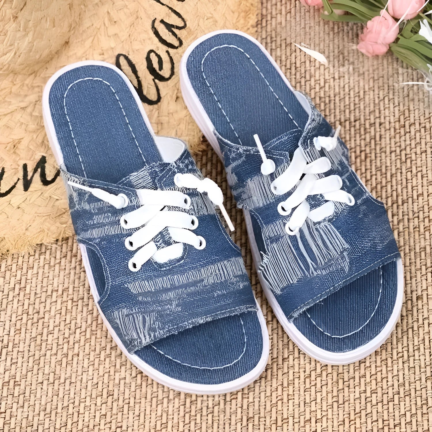 Blue Roman style women's canvas slippers with a cloth upper and rubber sole, shown in size 36-43.