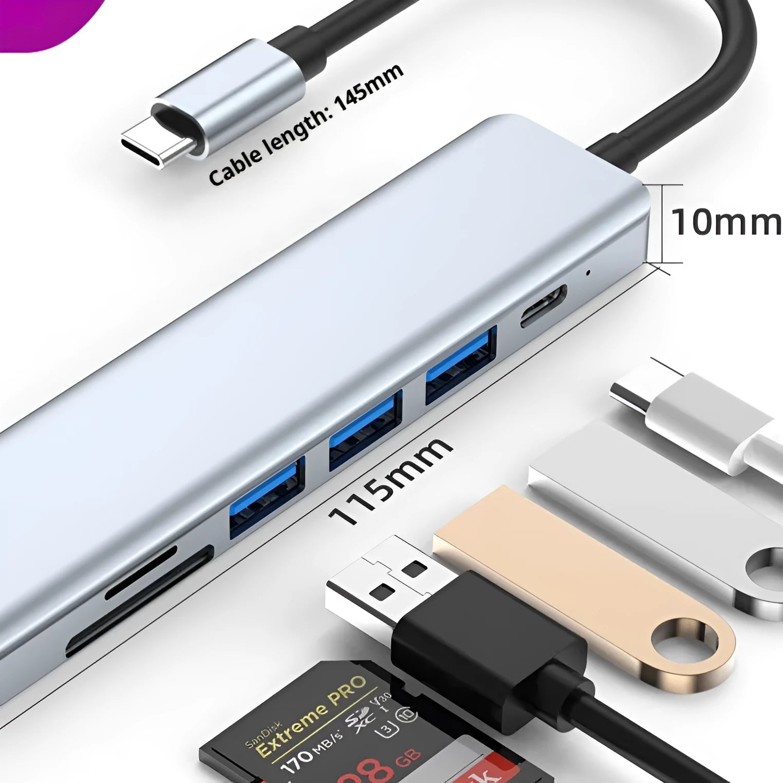 Seven-in-one USB expander with type-c connector and 0.145m cable