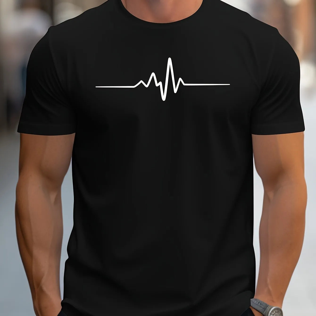 Men's loose-fit grey t-shirt with a raised 3D letter pattern on the front, short sleeves.